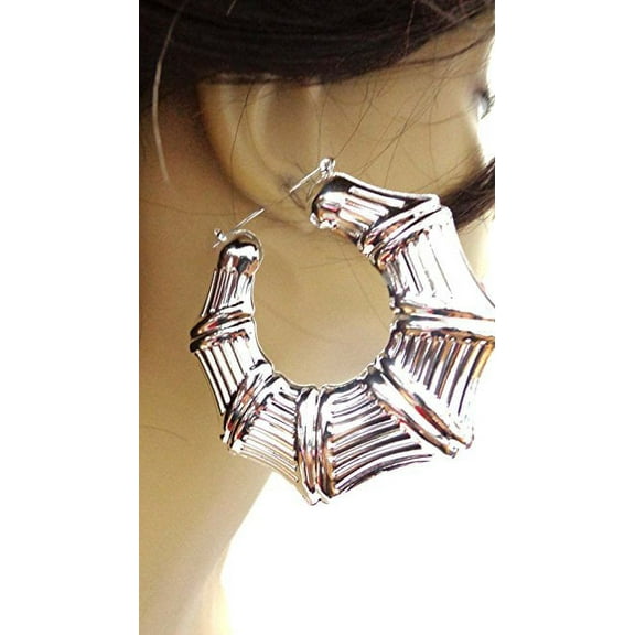 Puffy Bamboo Silver Tone Hoop Earrings