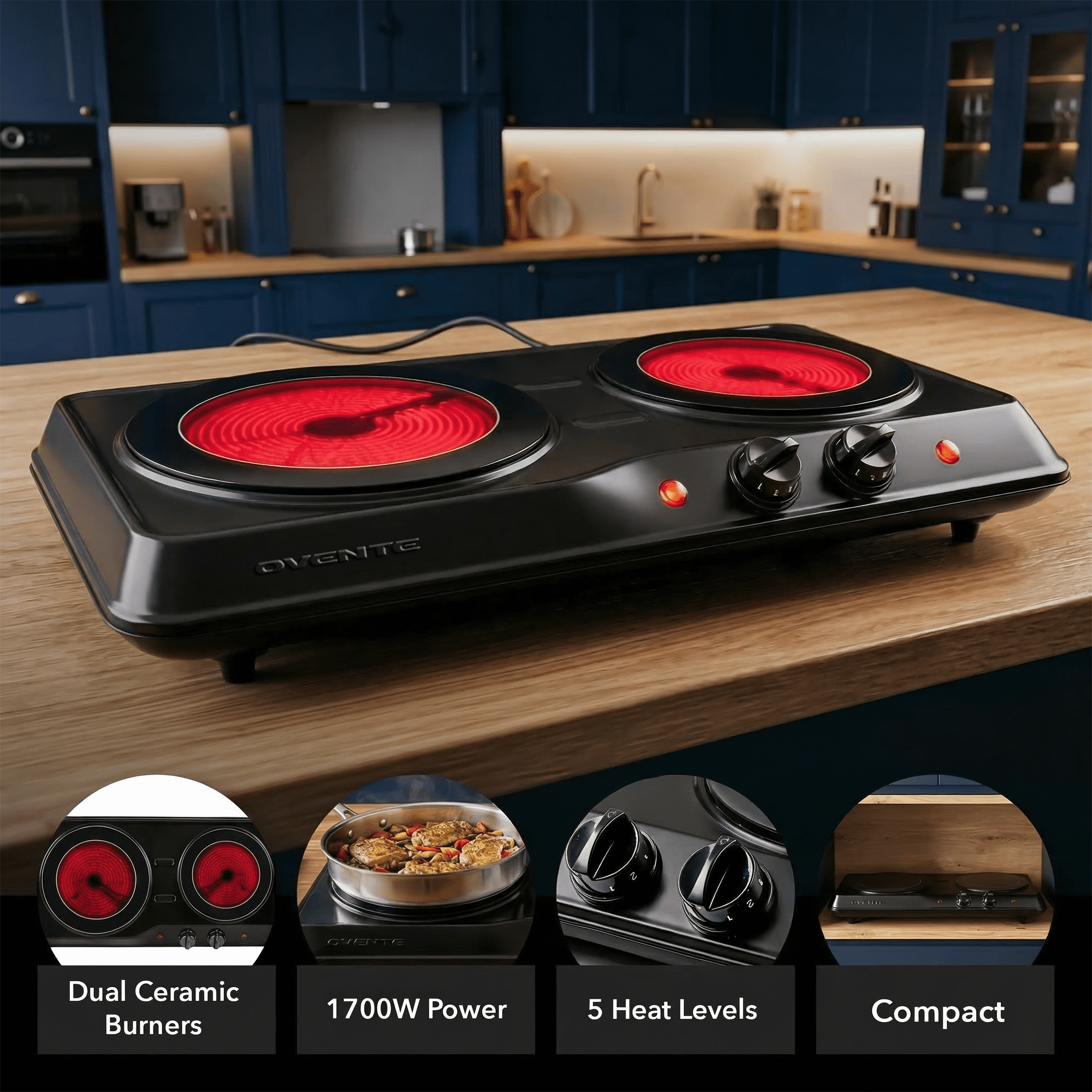OVENTE Countertop Infrared Double Burner, 1700W Electric Hot Plate and Portable Stove with 7.75" and 6.75" Ceramic Glass Cooktop, 5 Level Temperature Setting and Easy to Clean Base, Black BGI102B