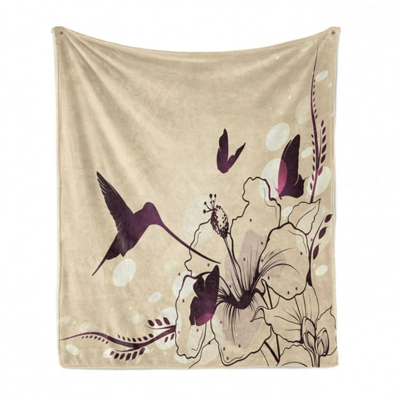 Birds Soft Flannel Fleece Blanket, Flapping Tiny Hummingbird Interacting with Giant Flowers and Butterflies, Cozy Plush for Indoor and Outdoor Use, 50" x 60", Pale Peach and Purple, by Ambesonne