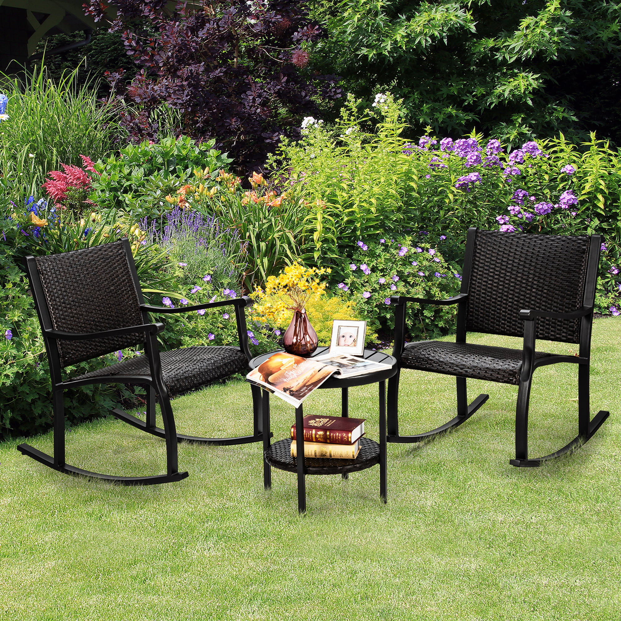 Backyard Garden Lawn Chat Set 2 Cushioned Chairs & End Table Outdoor Wicker Rattan Conversation Set Tangkula 3 Piece Patio Furniture Set Chill Time Modern Outdoor Furniture 
