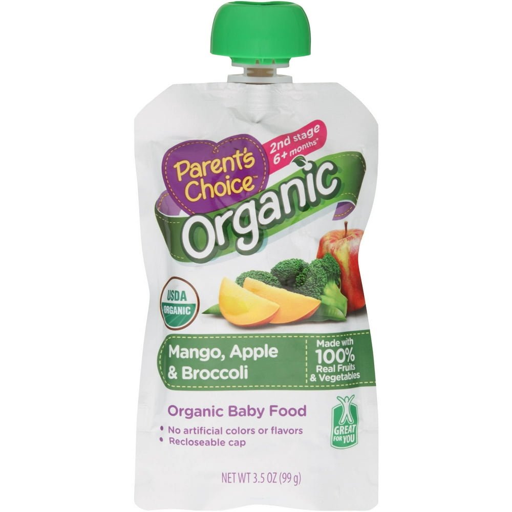 Parent's Choice Baby Food, Stage 2, Organic, Mango Apple & Broccoli, 3.5oz Pouch