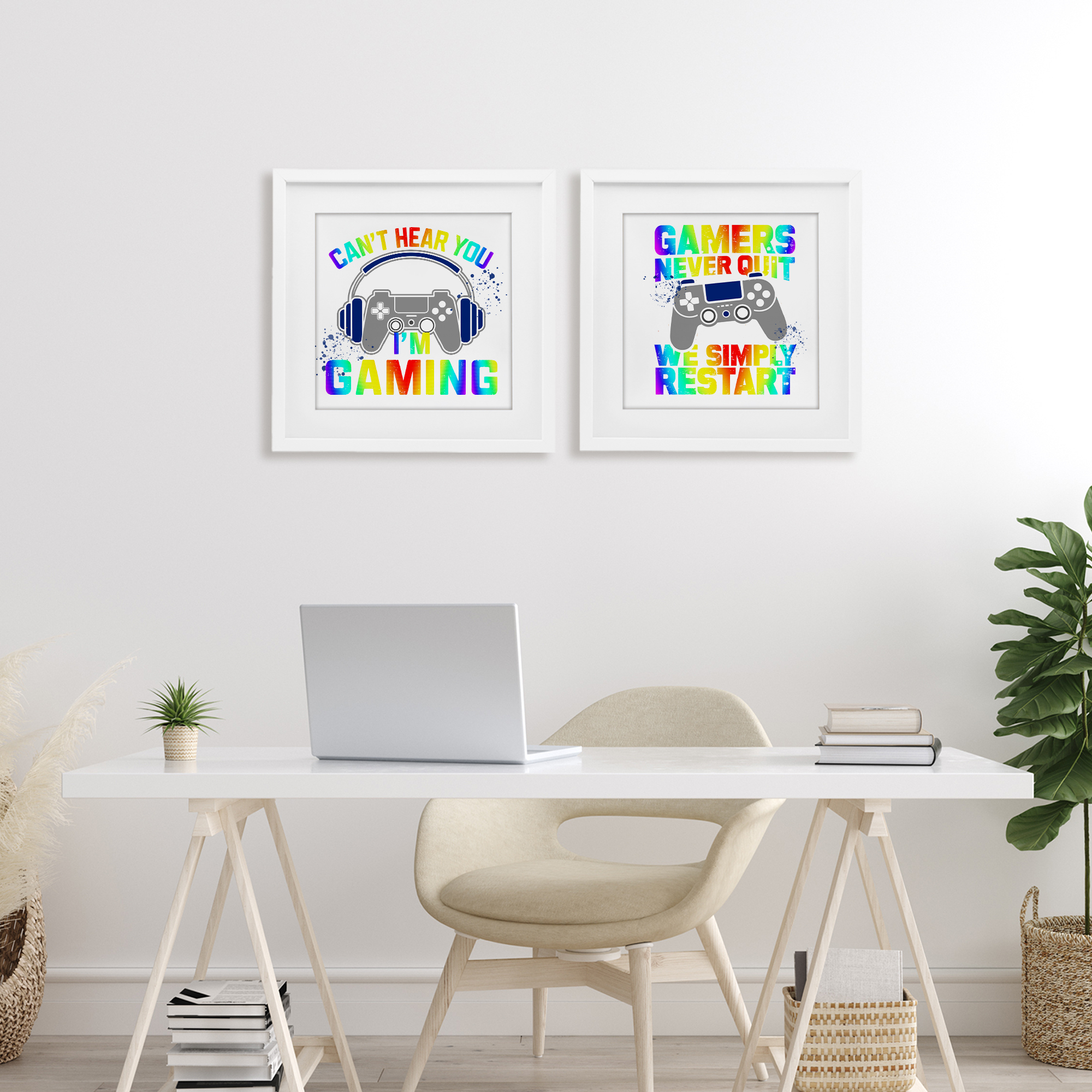 Rainbow Retro Gaming Phrases 2 Piece White Framed Print Under Glass Set, design by Kim Allen