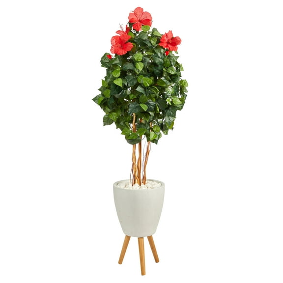 Nearly Natural 58" Hibiscus Artificial Tree in White Planter with Stand
