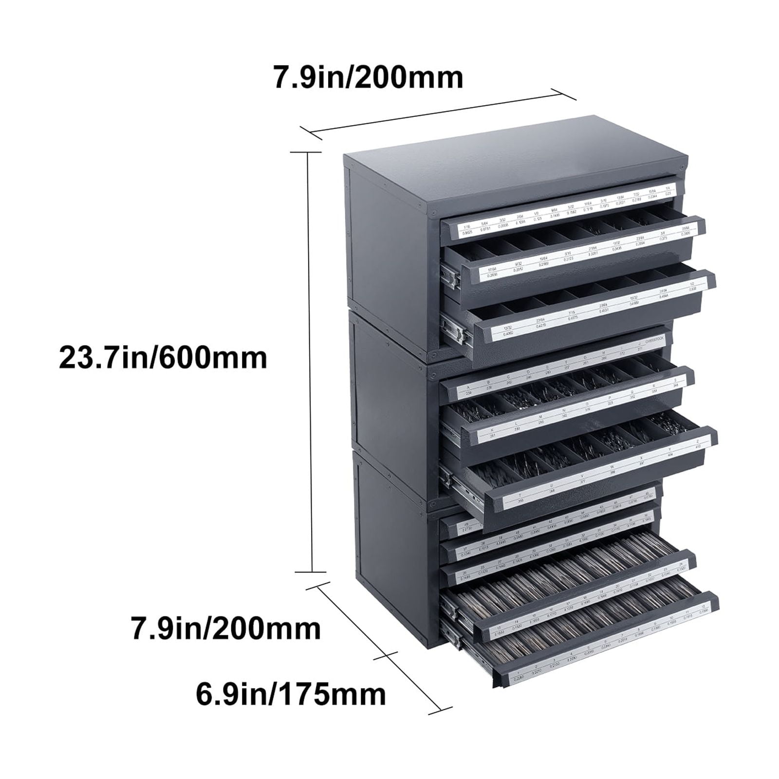 KFFKFF Drill Bit Storage Cabinet, Includes 3 Three-Drawer Units for 1/16" to 1/2" & A-Z Letter Sizes, Plus Five-Drawer Organizer for Wire Gauge #1 to #60, Modular Design for Easy Stacking