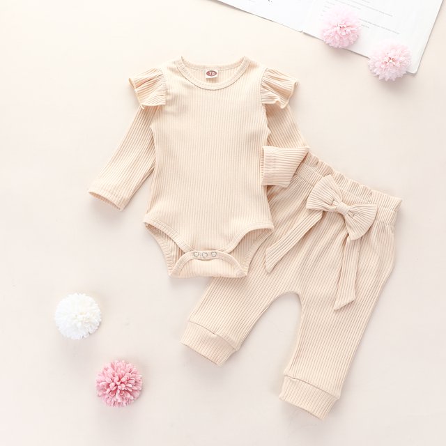 Mialoley Baby Trousers Suit Solid Pit Strip Full Ruffled Jumpsuit Bow Stretch Pants Set