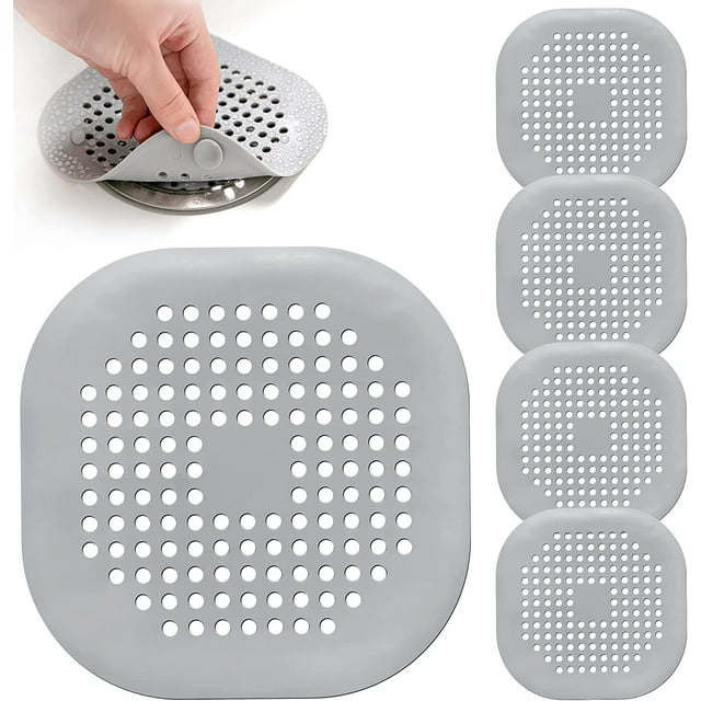 nipocaio Hair Catheter, 5 Pcs Pack, Shower Drain Cover, Silicone Hair Plug, with 4 Suction Cups, 5.5 Inch Square Hair Drain Catheter Protector, Non-Clogging, Easy to Install, Suitable for Bathroom , the bathtub, the kitchen, gray