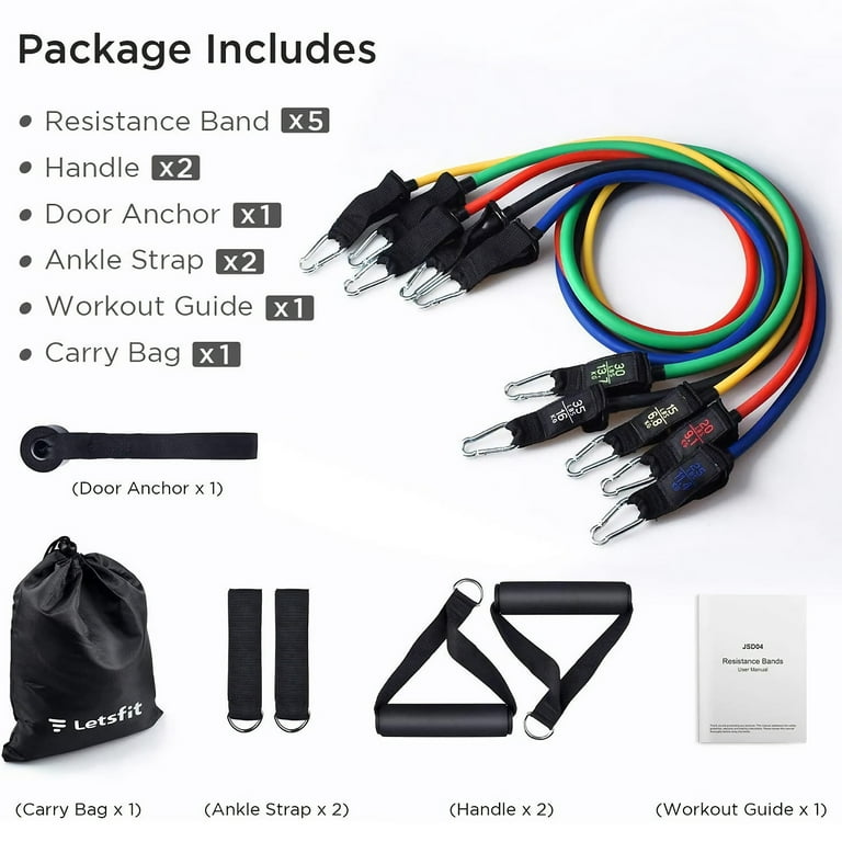 LETSFIT Stackable Resistance Exercise Bands Set with Handles Door Anchor Ankle Straps and Carry Bag 5 Color Exercise Bands 2 Cushioned Handles