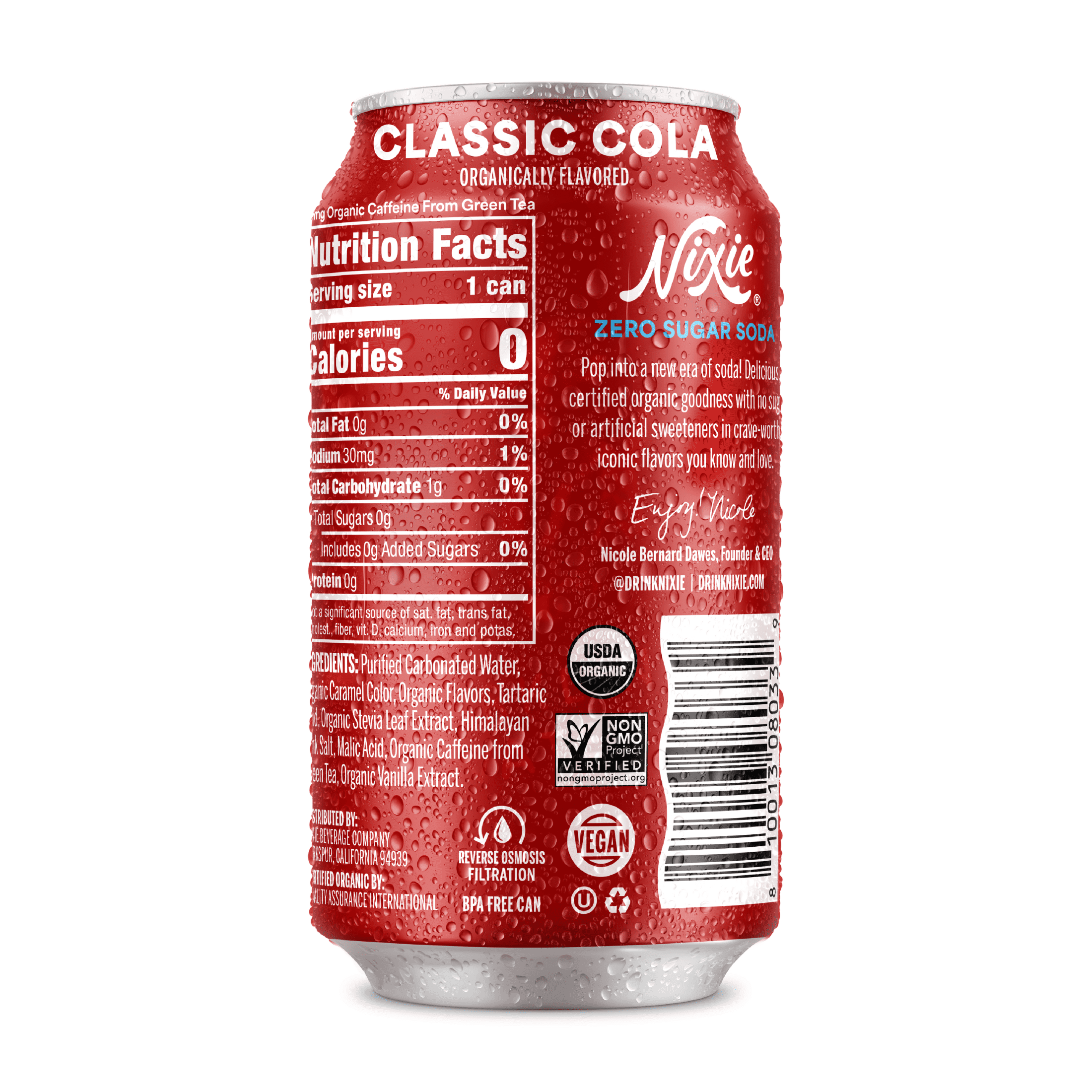 Nixie Organic Zero Sugar Soda, Classic Cola, Healthy Soda Pop, Non-GMO, 0 Sugar, 0 Calories, 40mg Caffeine, 12oz Cans (12 Pack)