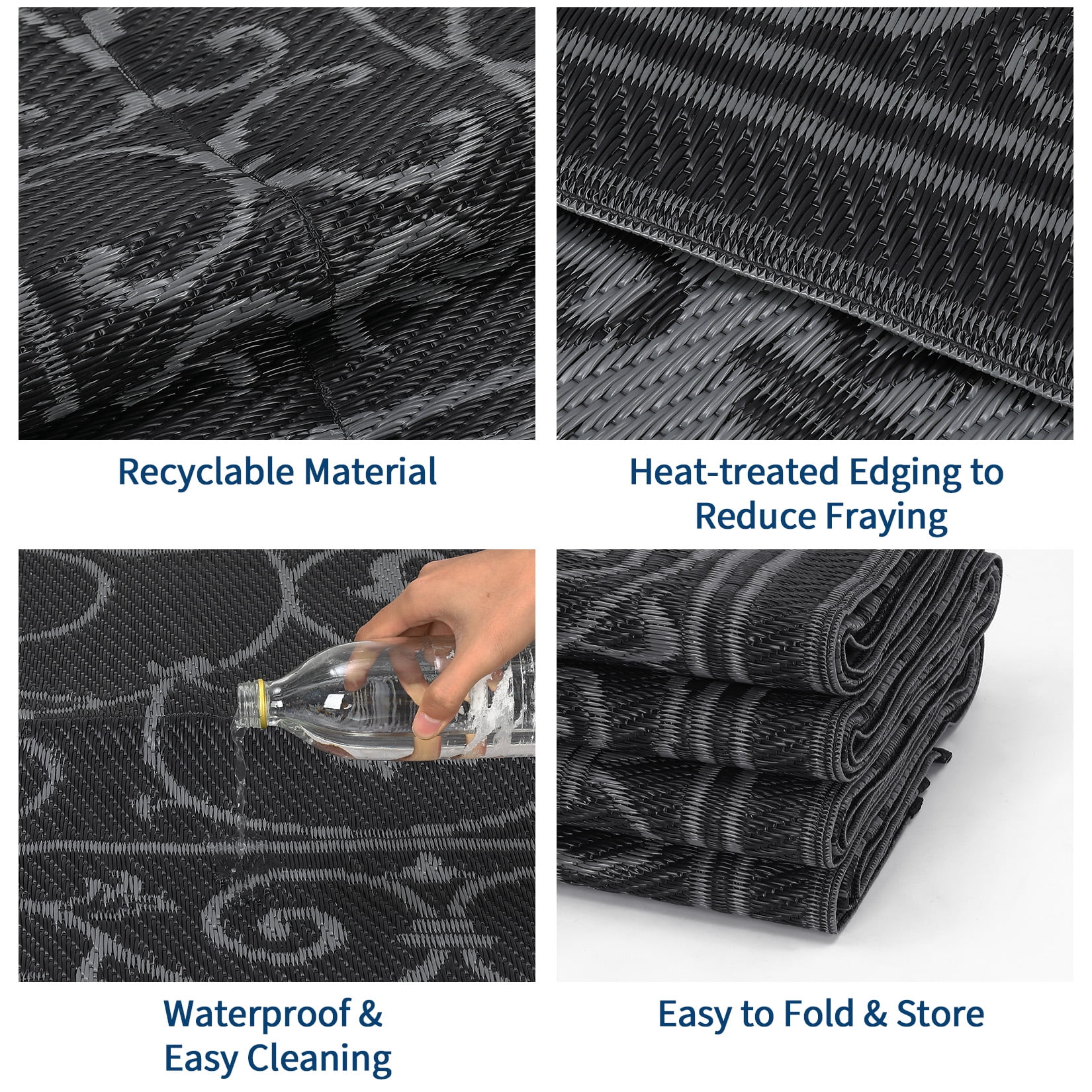 HIWEAVER 8' x 10' Black/Gray Outdoor Rug PP Plastic Straw Woven Waterproof Patio Rug with Border Portable Outside Carpet for Balcony Deck Picnic Garden Decor