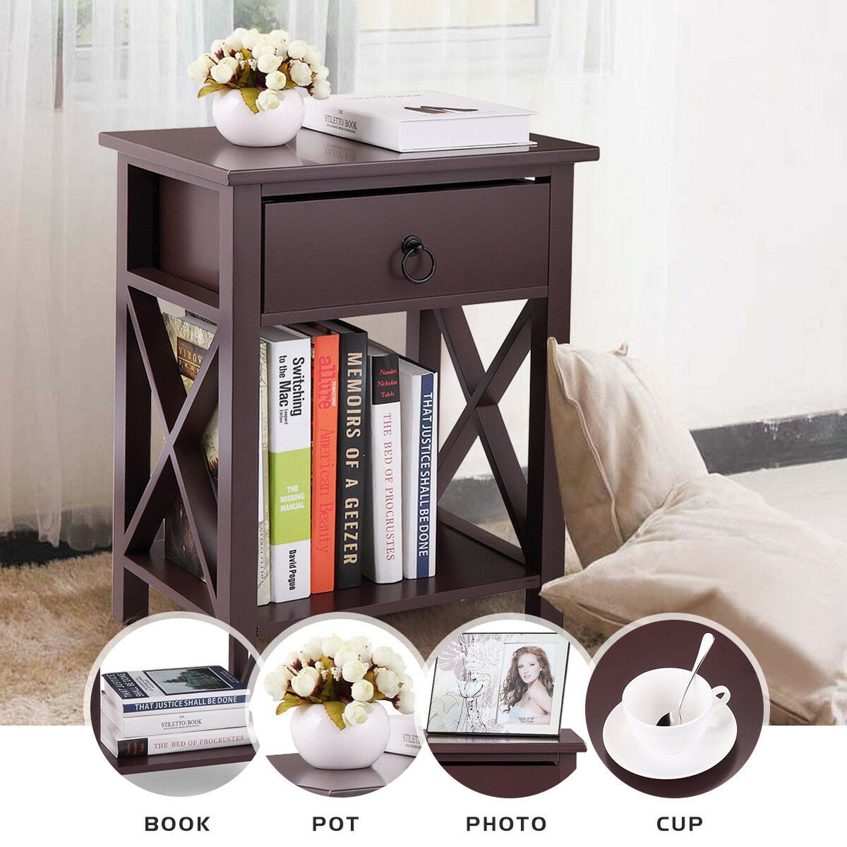 Kepooman Night Stand Set of 2, Bedside Sofaside Table End Table w/ Storage Drawer - Brown Kepooman Night Stand Set of 2, Bedside Sofaside Table End Table w/ Storage Drawer - Brown