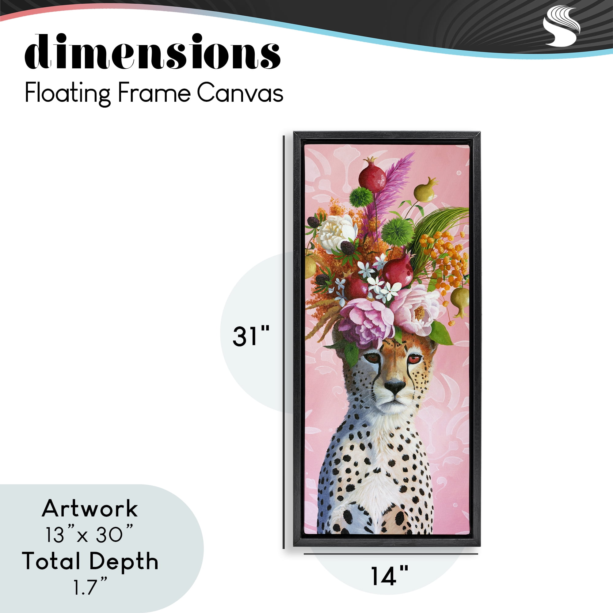 Serious Cheetah & Florals Black Framed Floater Canvas Wall Art, design by Heather Gauthier