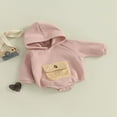 thumbnail image 3 of Baby Girls Boys Spring Autumn Hooded Romper Long Sleeve Contrast Color Romper with One Pocket, 3 of 9