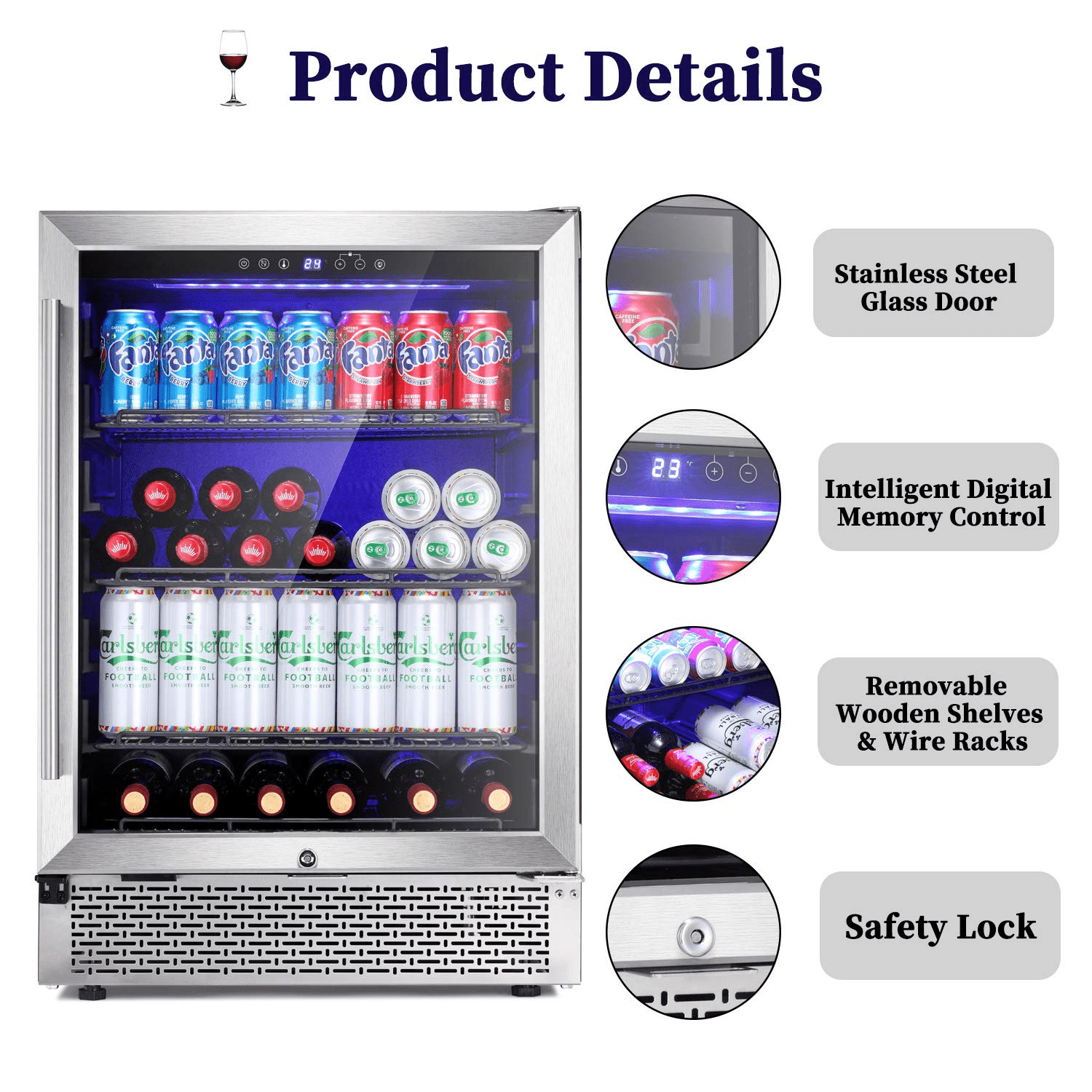 24”Wine Cooler Cabinet Built-in or Freestanding, Beverage Refrigerator with Stainless Steel Glass Door, Removable Wire Racks, Digital Memory Temperature Control, and Safety Lock