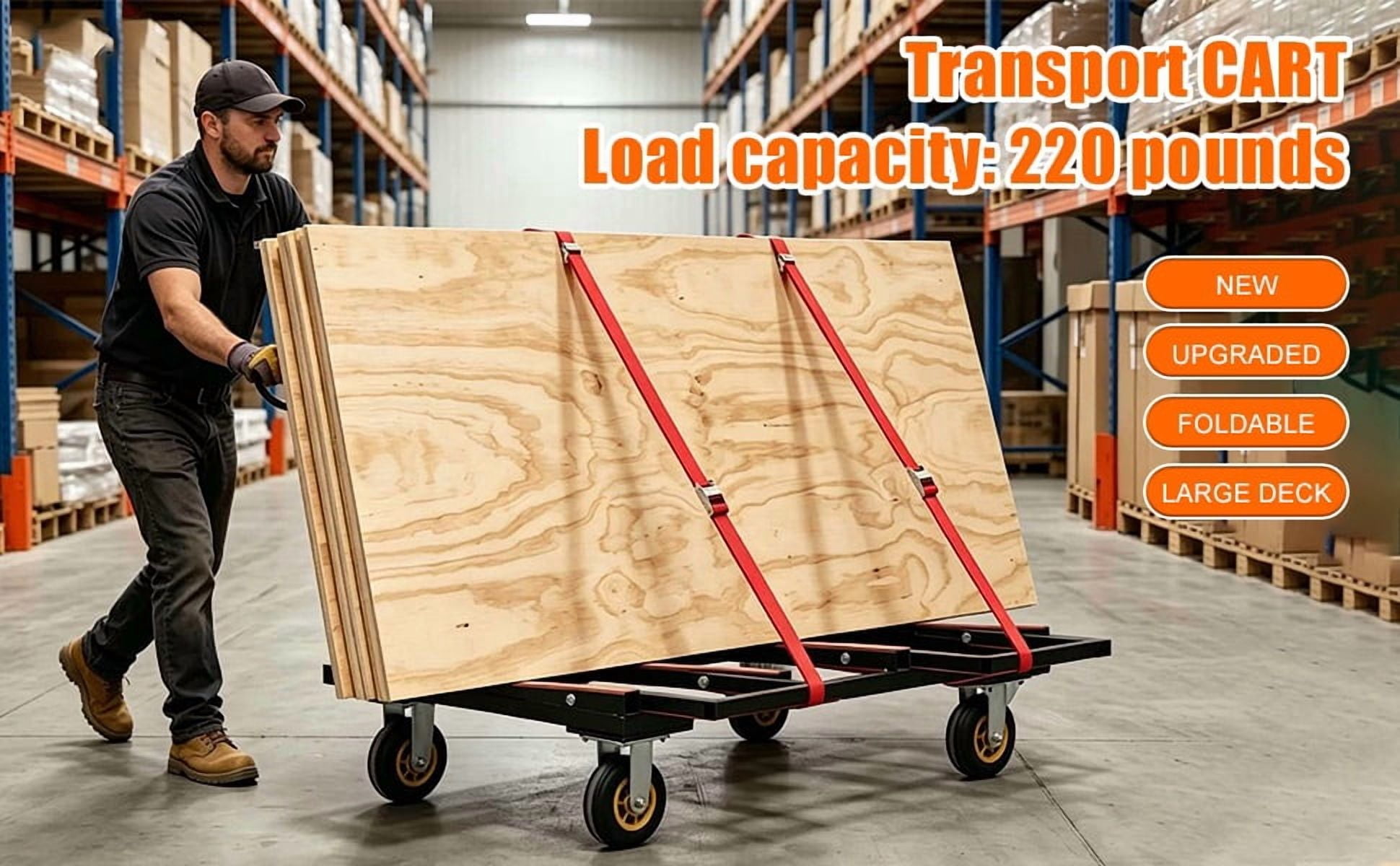 Folding Drywall Dolly with 4X6" Casters, 2000 LBS Load Capacity, Expandable Deck and Back Frame, Portable Panel Cart for Versatile of Handling Plywood, Plasterboard, Glass with 2PCS Tie-Down Strapp