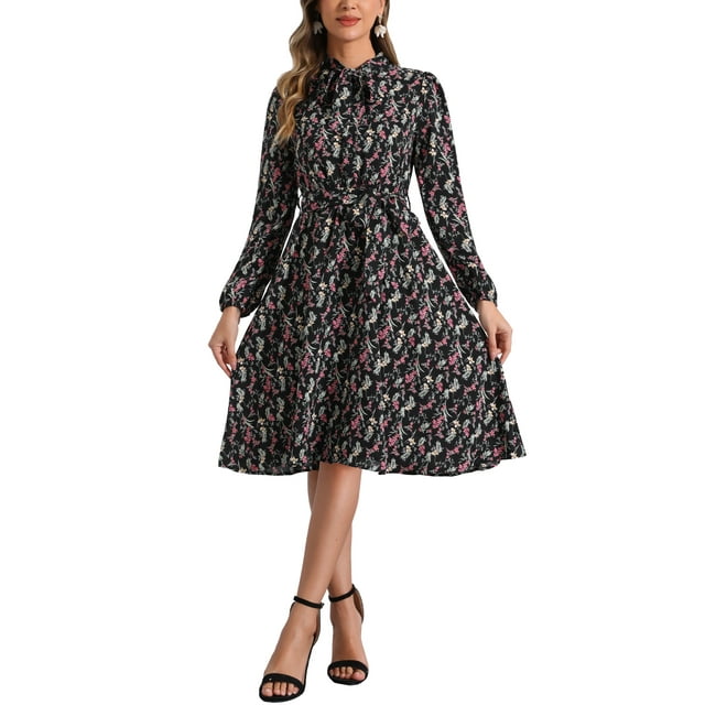 INSPIRE CHIC Robe Vintage à Fleurs pour Femme à Col Noué en Chiffon à Manches Longues avec Ceinture m Noir