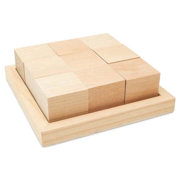 Wood Block Puzzles, 9 1-3/4" Wood Cubes in 6-1/4" Wood Tray, Pack of 25 Puzzle Blocks for DIY Crafting Art, by Woodpeckers