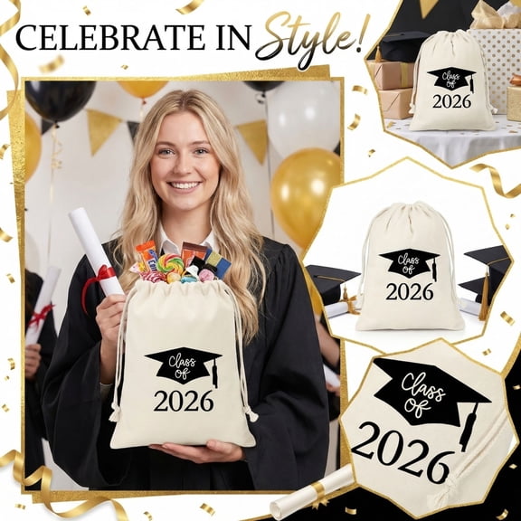 Graduation Drawstring Gift Bags Class of 2026 Celebration Party Favor Goodie Bags for Candy Storage Durable Fabric Festive Event Supplies 4x6 Inch