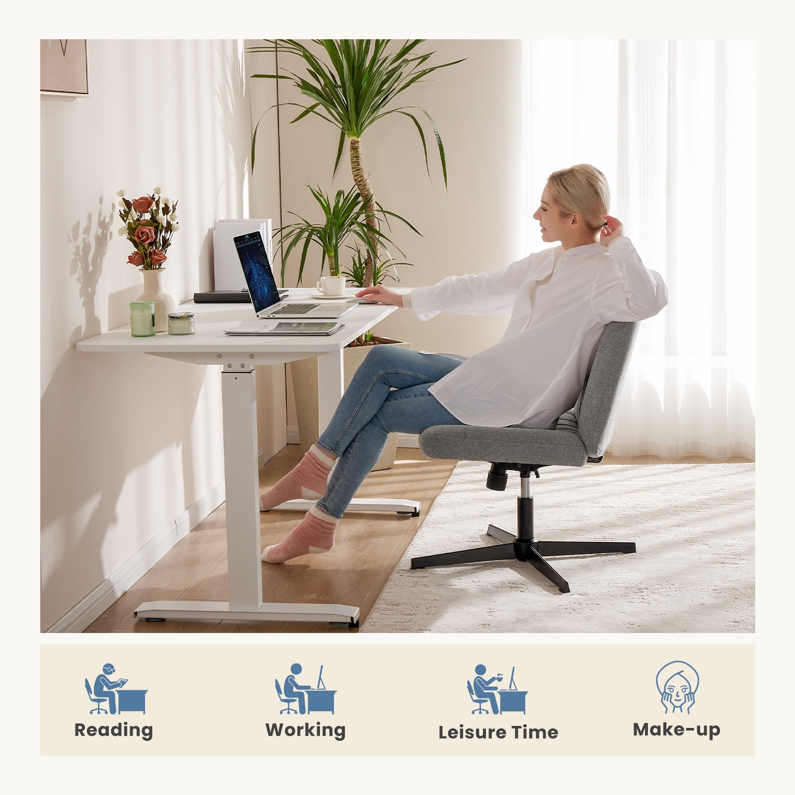 Office Chair Armless Criss Cross Legged Chair No Wheels, Comfy Home Office Desk Chairs, Adjustable Swivel Padded Fabric Vanity Task Computer Chair