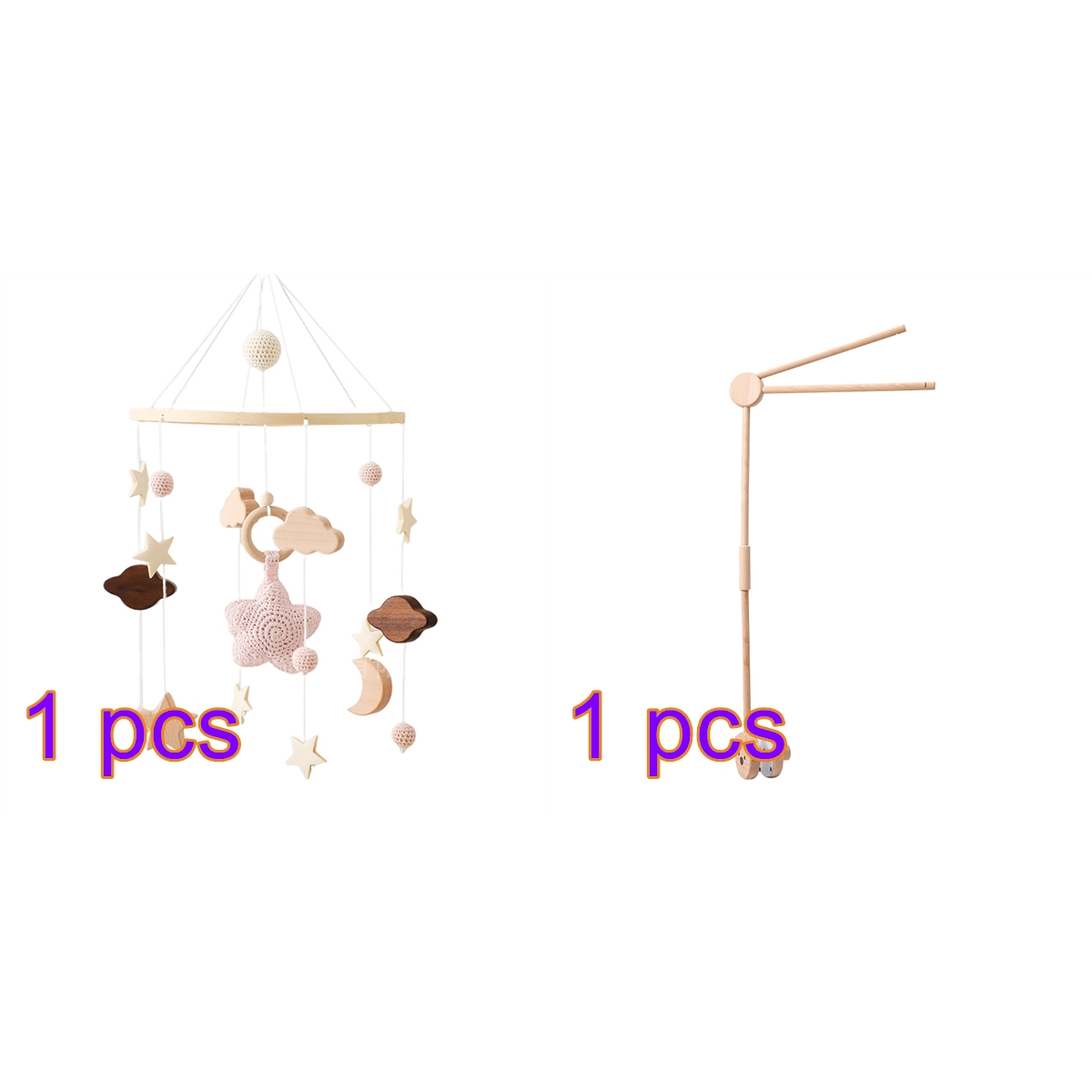 Full Sky Star Crib Bell with Felt Balls – Handmade Wooden Bed Bell for Infant Sleep, Motor Skill Development, and Nursery Decor