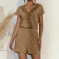 thumbnail image 2 of Aayomet Womens Jumpsuits Women's Casual V Neck Jacquard Short Sleeve Shorts Jumpsuit,Khaki XL, 2 of 5