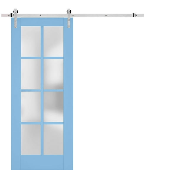 Sturdy Barn Door Frosted Glass | Veregio 7412 Aquamarine | 6.6FT Rail Hangers Heavy Hardware Set | Solid Panel Interior Doors-36" x 96"-Silver Rail