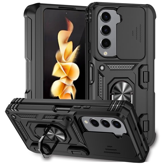Galaxy Z Fold 5 Kickstand Armor Case with Slide Camera Lens Protection Cover Built-in 360° Rotate Ring Holder Stand Magnetic Military Shockproof Phone Cover Case for Samsung Galaxy Z Fold 5,
Black