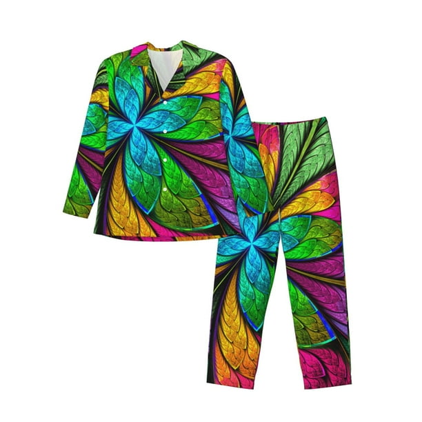 Balery Multicolored Beautiful Flower Pijama para Hombre de Dos Piezas con Manga Larga, Conjunto de Dormir y Descanso Suave con Bolsillos-Medium
