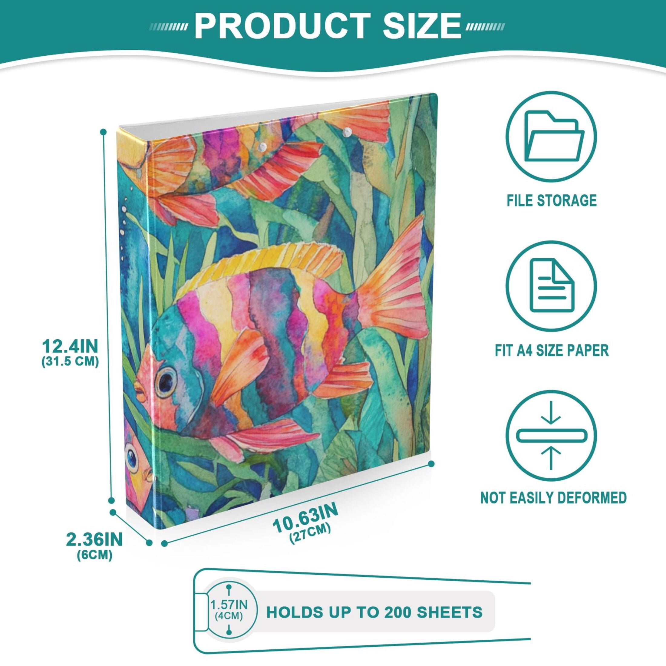 Colorful Fish Swimming 3 Ring Binders 1.5 inch Hardcover File Folders with Interior Pockets A4 Size Organizer for School Office Hospital Set of 2