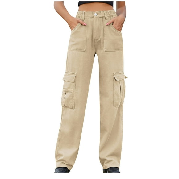 cfhntfmh Womens Fashion Jeans Stretch High Elastic Waist Loose Long Cargo Pants Lounge Wide Leg Denim Pants with Pockets