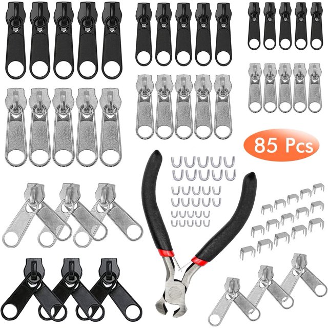 85 piezas de repuesto de cremallera deslizante, kit de reparación de cremalleras con mini alicates, reemplazo de cremallera para prendas, bolsos, chaquetas, tiendas de campaña, equipaje