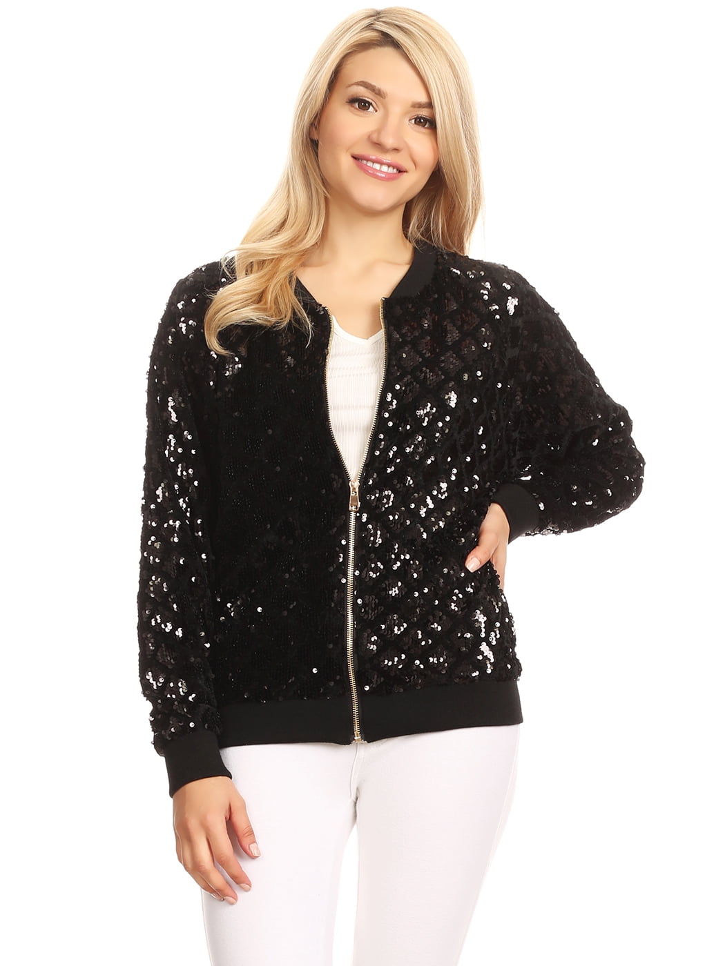 Fashion Womens Sequin Long Sleeve Front Zip Jacket with Ribbed Cuffs ...