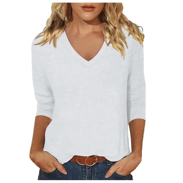 Top de manga tres cuartos con cuello en V para mujer, estilo casual y moderno, para el verano - Material de poliéster, ligero y transpirable - Para el día a día, actividades al aire libre y fiestas