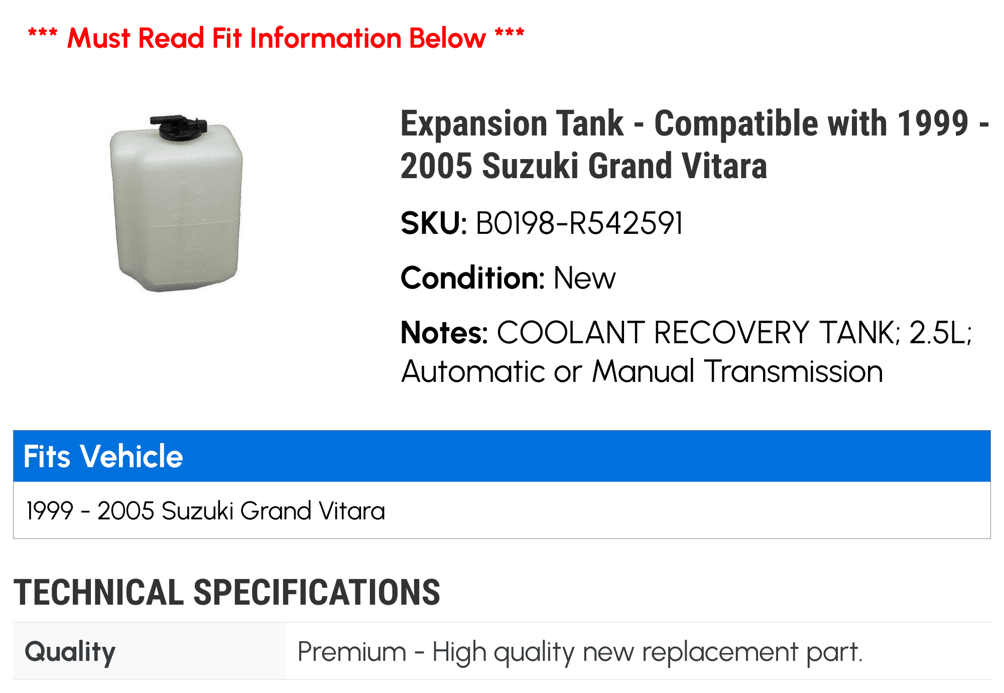 Expansion Tank - Compatible with 1999 - 2005 Suzuki Grand Vitara 2000 2001 2002 2003 2004