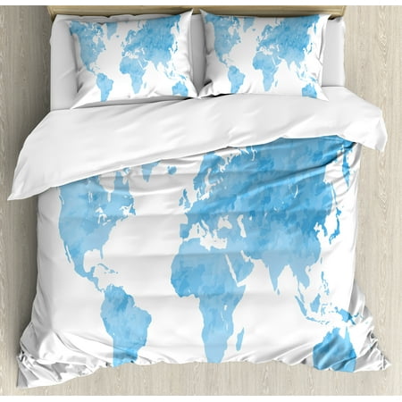 Map Duvet Cover Set Blue Watercolor Style World Map Artistic