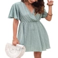 thumbnail image 1 of Femmes Casual Mousseline Mini Robe Manches Courtes Point Imprimé V Cou Taille Haute une Robe de Ligne d'Été Robe de Plage, 1 of 6