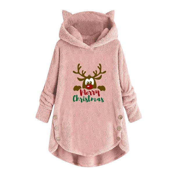 Pntutb Mujer Casual Navidad Impresión Felpa Botones Manga Larga Con Capucha Felpa Abrigo top Selecciones Flash Pntutb Pntutb-5498