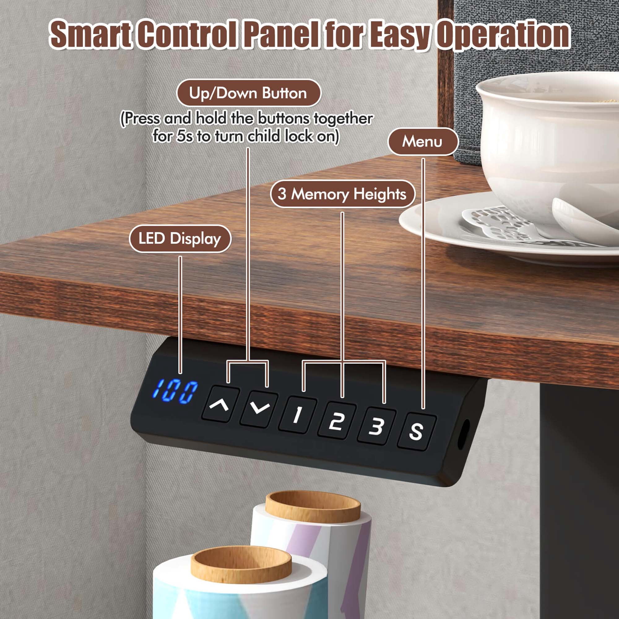 Costway 48"x 24" Electric Standing Desk with 2 Drawers Monitor Stand Storage Shelf Brown