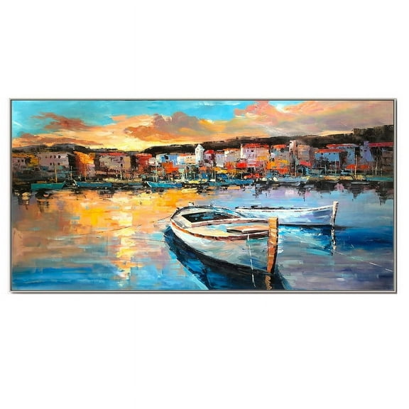 Modern Abstract Handmade Wall Art Colorful Cityscape Hand Painted on Canvas Boat Landscape The Shore of Town Oil Painting For Home Decor