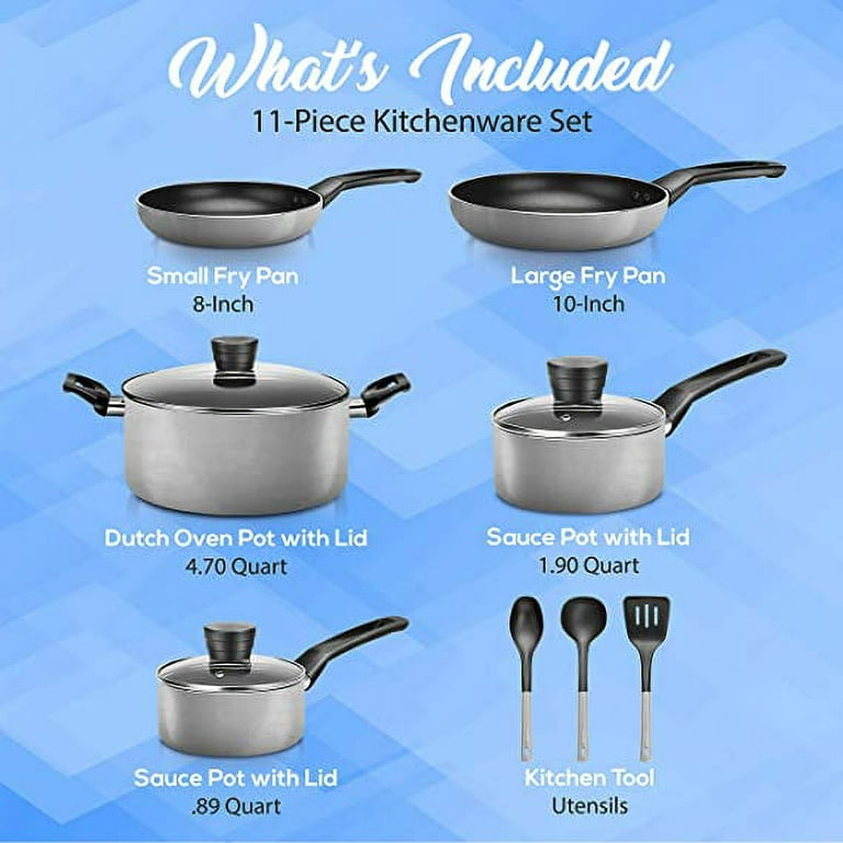SereneLife 15 Piece Essential Home Heat Resistant Non Stick Kitchenware  Cookware Set w/ Fry Pans, Sauce Pots, Dutch Oven Pot, and Kitchen Tools,  Blue