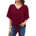 thumbnail image 3 of Uvplove Womens Tie Front Blouses V Neck Short Sleeve Chiffon Tops Dressy Casual Summer Shirts,Wine Red,US Size L, 3 of 10