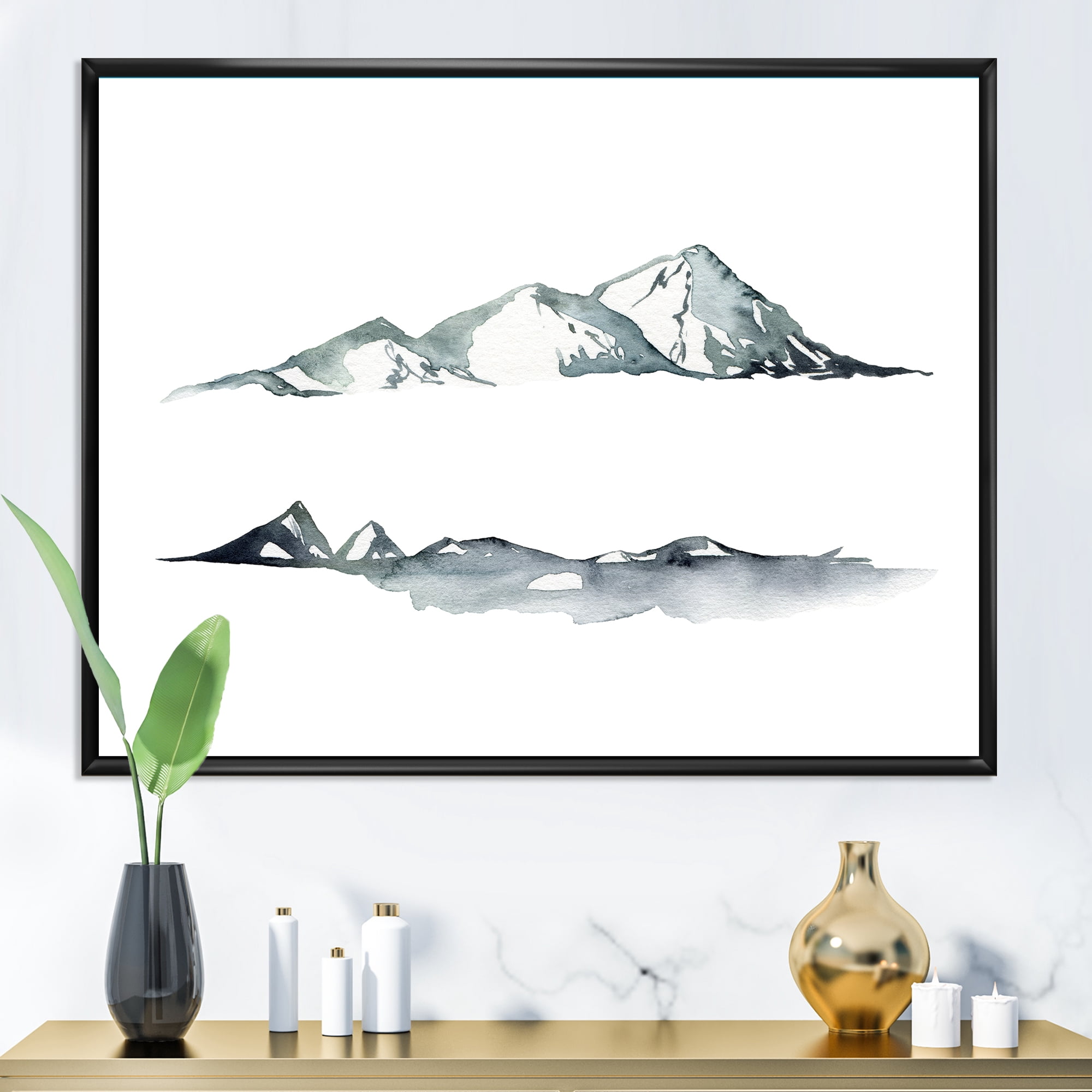 Minimalistic Dark Blue Mountains Landscape 20 in x 12 in Framed Painting Canvas Art Print, by Designart