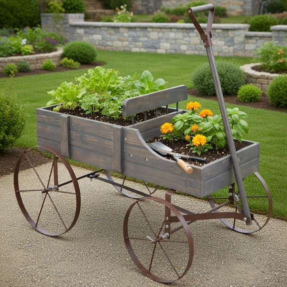 Topcobe Wooden Wagon Plant Bed with Metal Wheels for Garden Yard Patio, Planters for Outdoor Plants, Raised Garden Beds Outdoor, Gray