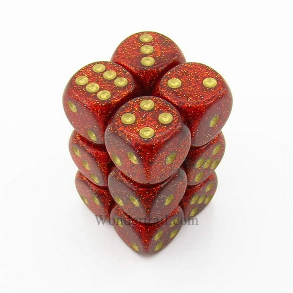 Ruby Glitter Dice with Gold Pips D6 16mm (5/8in) Pack of 12 Chessex