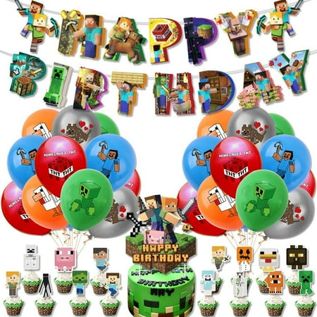 Minecraft Theme Party Birthday Arrangement, Pixel Wars Balloon Cake Flag Decoration Set