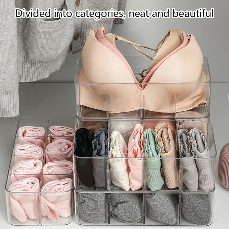 Dasbsug Clear Acrylic Underwear Drawer Organizer Box 4/8 Grids Compartment  Divided Closet Storage Bin Stackable Shelf for Socks 