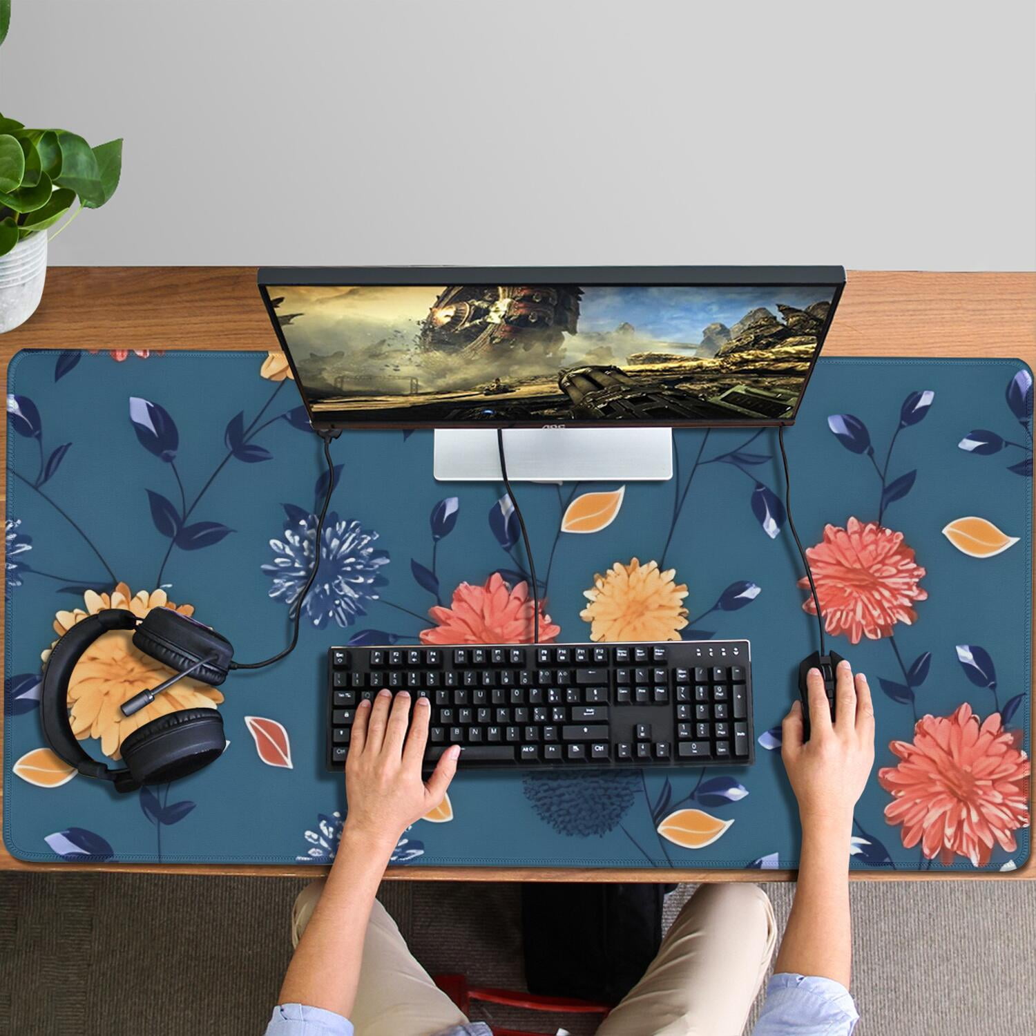 Long Mouse Pads for Desk,Pioneer Flower Floral Print Pattern Desk Mats on Top Of Desks, Desk Mouse Pad Extra Large with 3mm Non-Slip Base and Stitched Edge for Gaming,Office,Work,Home 47.3"x23.6"