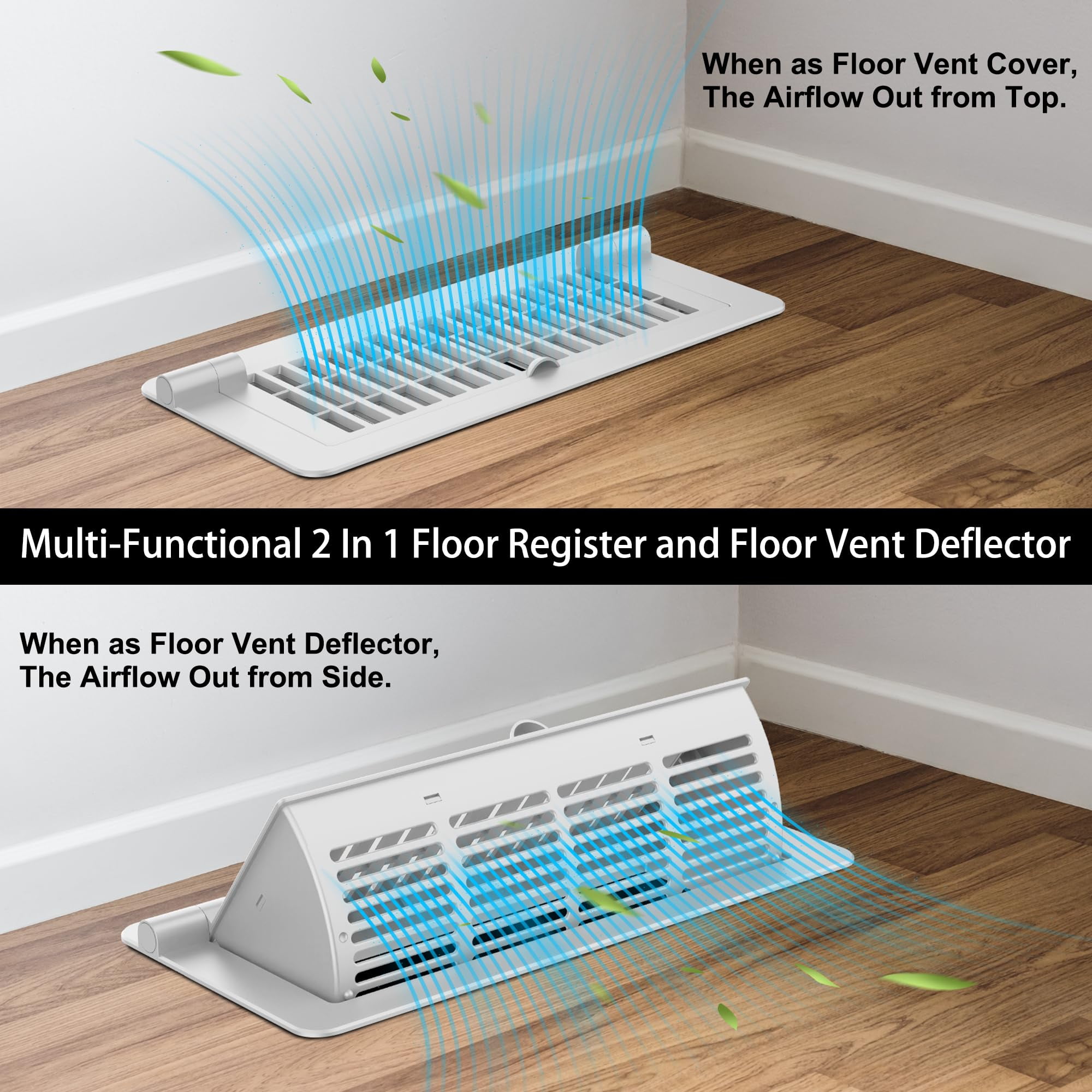 2Pack 2-in-1 Vent Deflectors & Floor Vent Covers, Adjustable Floor Register 4x10, Air Vent Deflector for Home Floor, Office, Ceiling, Tool-Free Install-White
