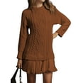 thumbnail image 3 of Women Cable Knit Sweater Dress Crewneck Long Sleeve Pleated Mini Dress Twofer Style Patchwork Dress Caramel Color S, 3 of 9