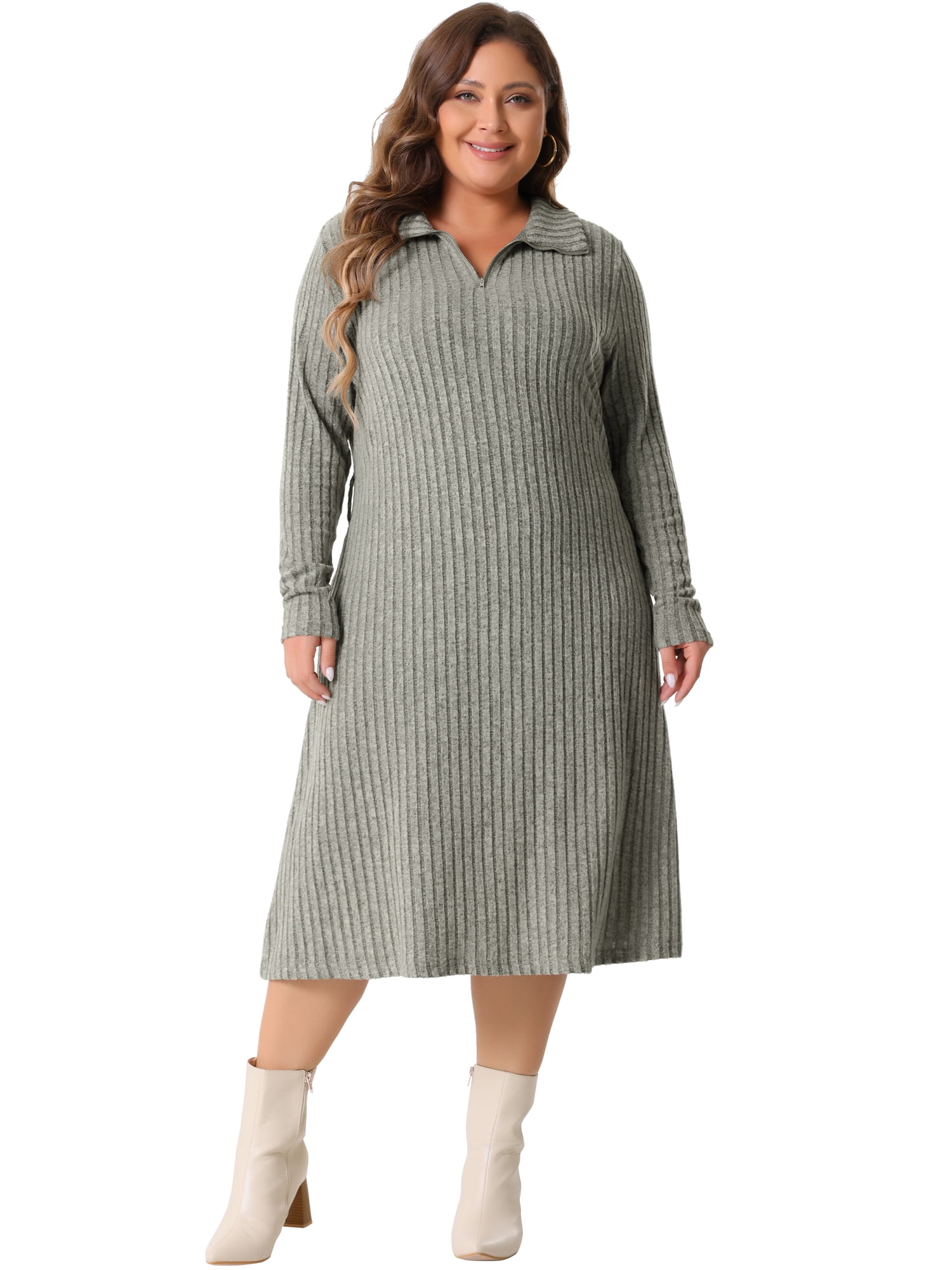 DARING DIVA Plus Size Ribbed Sweater Half Zip Front and Tie Waist Dress 1X Grey