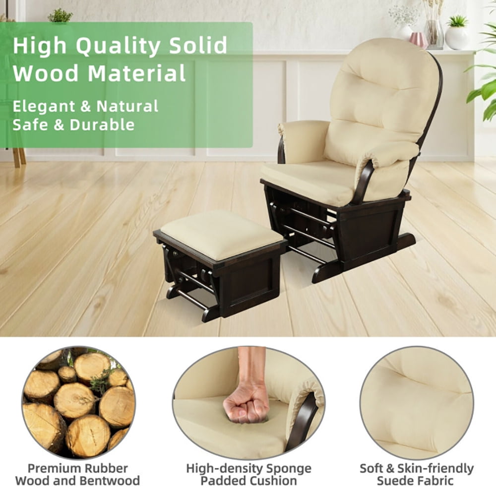 Finihen Glider and Ottoman Cushion Set, Wooden Rocking Nursery Chair, Wood Baby Glider and Ottoman Cushion Set with Padded Armrests for Nursing, for Napping, Nursing, Reading, Beige Finihen Glider and Ottoman Cushion Set, Wooden Rocking Nursery Chair, Wood Baby Glider and Ottoman Cushion Set with Padded Armrests for Nursing, for Napping, Nursing, Reading, Beige